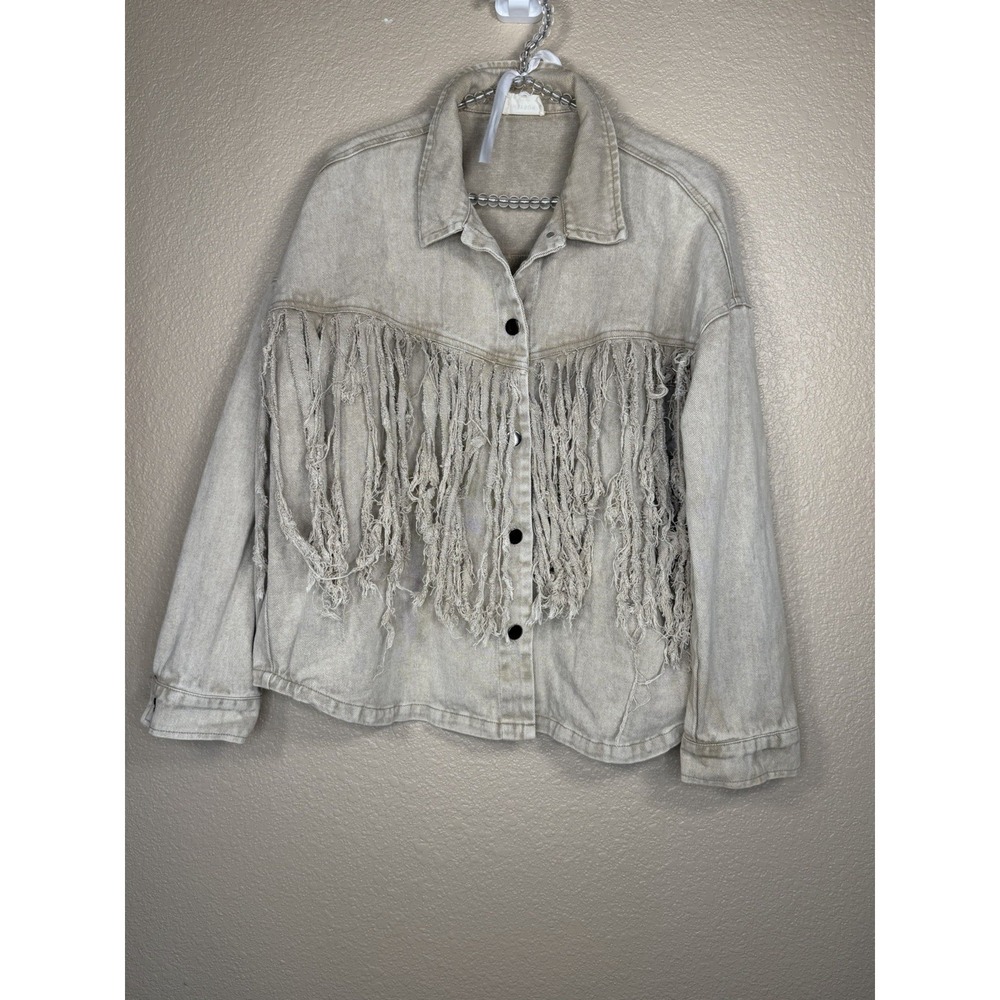Heyson Womens Beige Fringe Sz L Western Boho Shacket Distressed Jeans Jacket